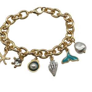 Bracelet maille jaseron ovale acier  plaqué or et 7 charms