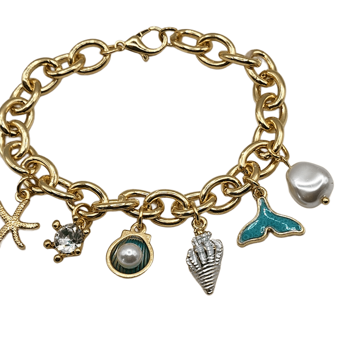 Bracelet maille jaseron ovale acier plaqué or et 7 charms