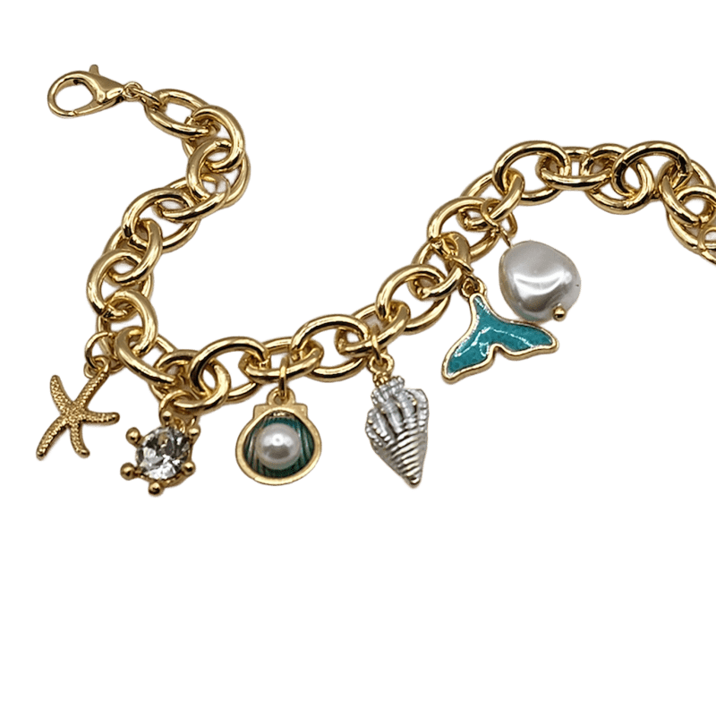 Bracelet maille jaseron ovale acier plaqué or et 7 charms – Image 2