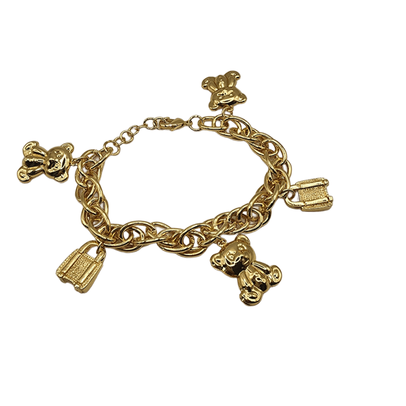 Bracelet plaqué or — mailles entrelacées avec 5 breloques ourson (longueur 21 cm)